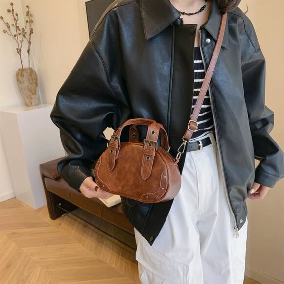 Retro PU Leather Rivet Crossbody Top Handle Mini Saddle Bag 3 Colors - Picture 9 of 16